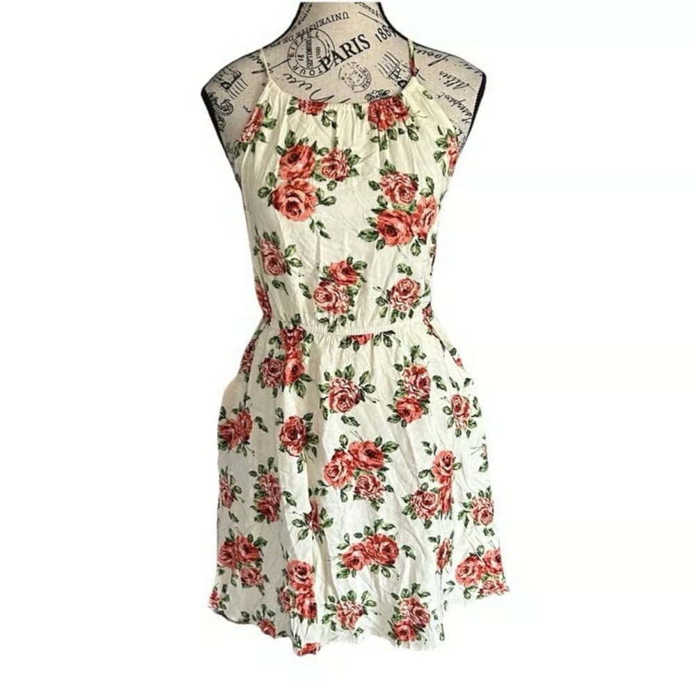 White Floral Halter Sundress with Pink Rose Print